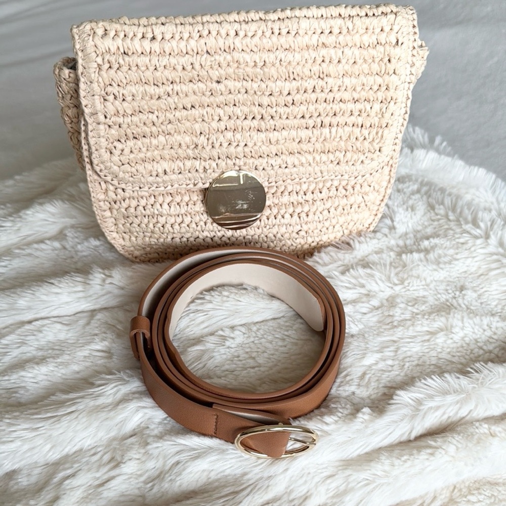 H & M Cream Woven Belt Bag with Tan Strap